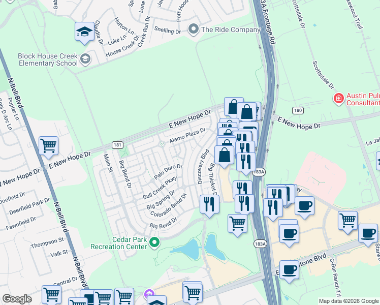 map of restaurants, bars, coffee shops, grocery stores, and more near 1713 Discovery Boulevard in Cedar Park