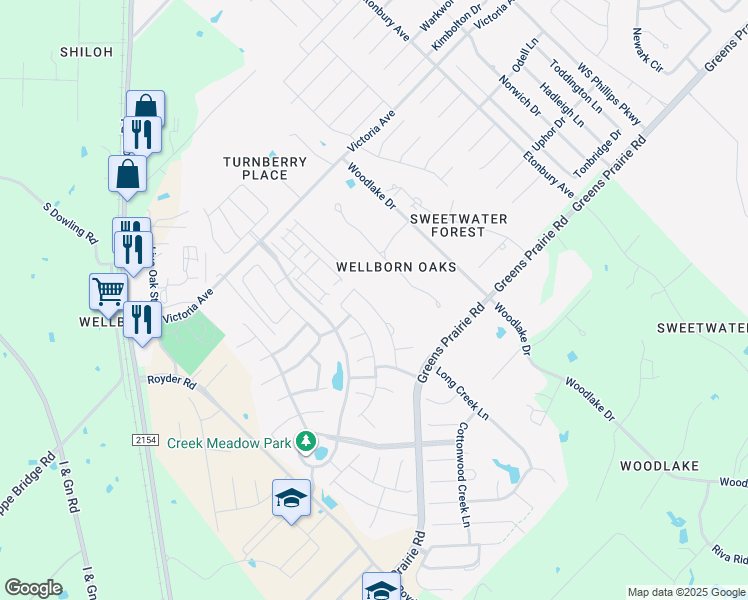 map of restaurants, bars, coffee shops, grocery stores, and more near 15438 Baker Meadow Loop in College Station