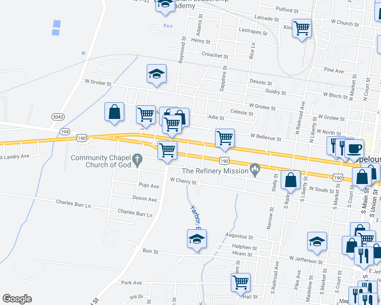 map of restaurants, bars, coffee shops, grocery stores, and more near 1274 West Vine Street in Opelousas
