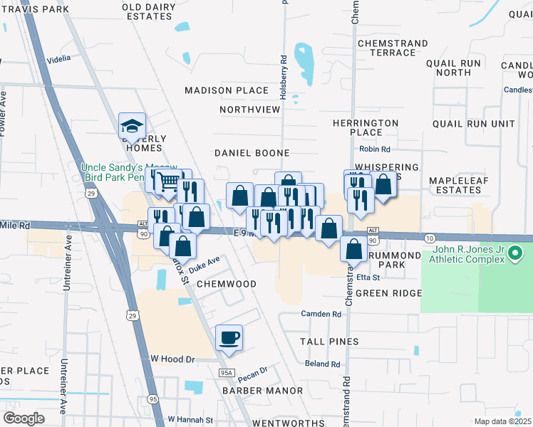 map of restaurants, bars, coffee shops, grocery stores, and more near 130 East 9 Mile Road in Pensacola