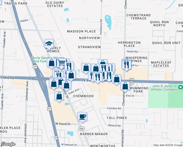 map of restaurants, bars, coffee shops, grocery stores, and more near 130 East 9 Mile Road in Pensacola
