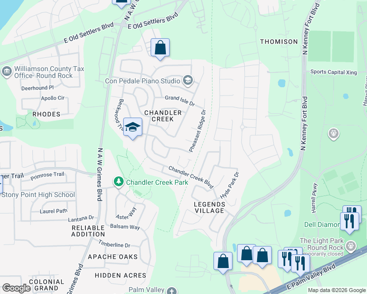 map of restaurants, bars, coffee shops, grocery stores, and more near 303 Pheasant Ridge Drive in Round Rock