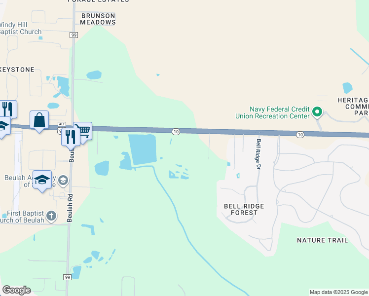 map of restaurants, bars, coffee shops, grocery stores, and more near 5251 West 9 Mile Road in Pensacola