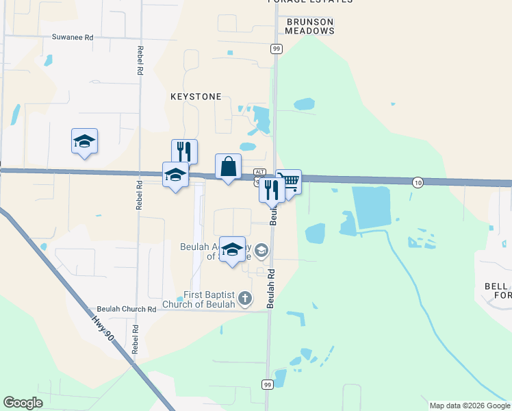 map of restaurants, bars, coffee shops, grocery stores, and more near 8618 Blake Evan Circle in Pensacola