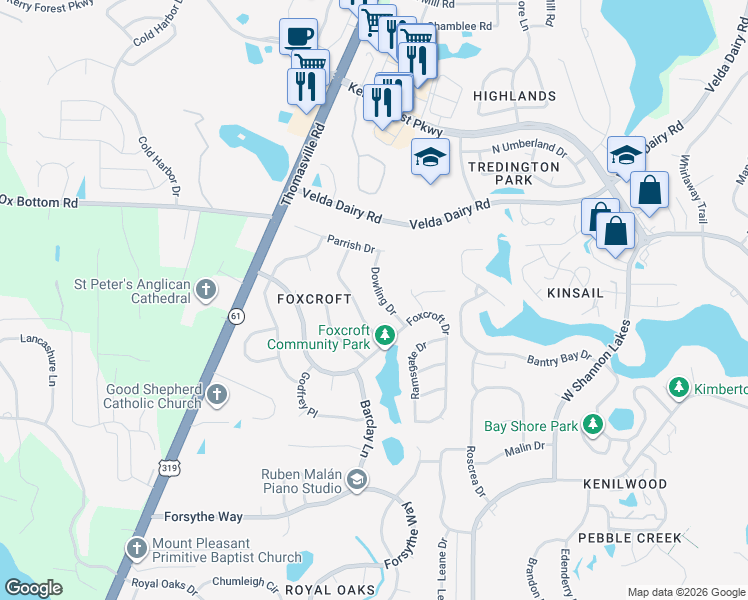 map of restaurants, bars, coffee shops, grocery stores, and more near 3124 Dowling Drive in Tallahassee