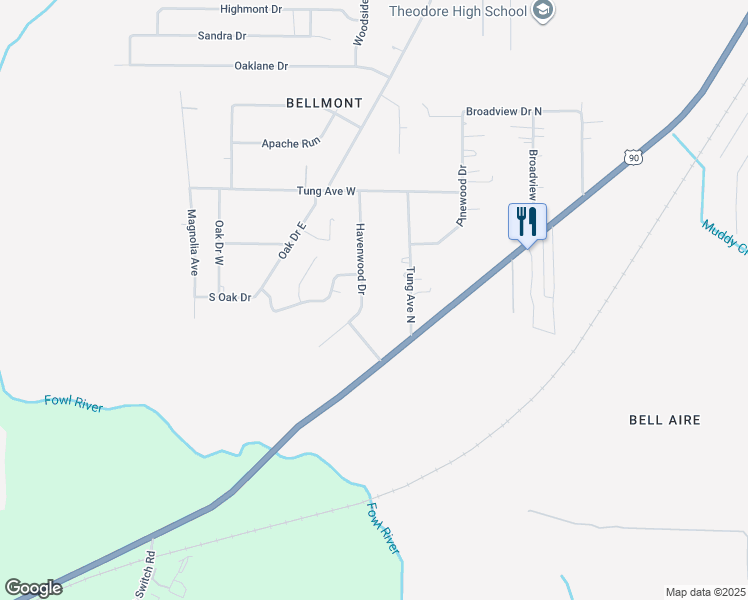 map of restaurants, bars, coffee shops, grocery stores, and more near 7541 Havenwood Drive in Theodore