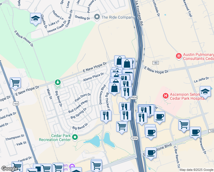 map of restaurants, bars, coffee shops, grocery stores, and more near 1800 Discovery Boulevard in Cedar Park