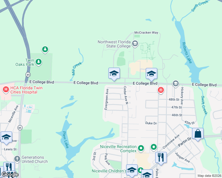map of restaurants, bars, coffee shops, grocery stores, and more near 333 Evergreen Avenue in Niceville