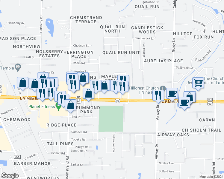 map of restaurants, bars, coffee shops, grocery stores, and more near 558 East 9 Mile Road in Pensacola