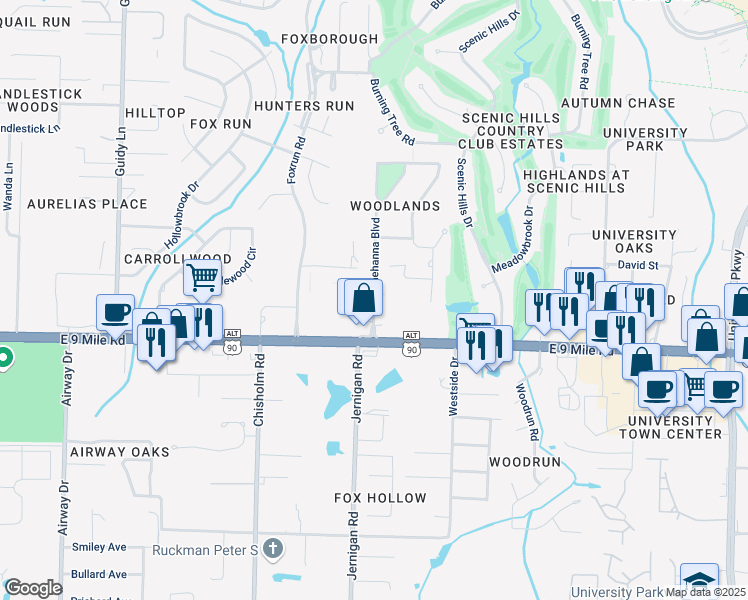 map of restaurants, bars, coffee shops, grocery stores, and more near 9489 Sunnehanna Boulevard in Pensacola