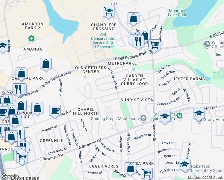 map of restaurants, bars, coffee shops, grocery stores, and more near 707 Saunders Drive in Round Rock