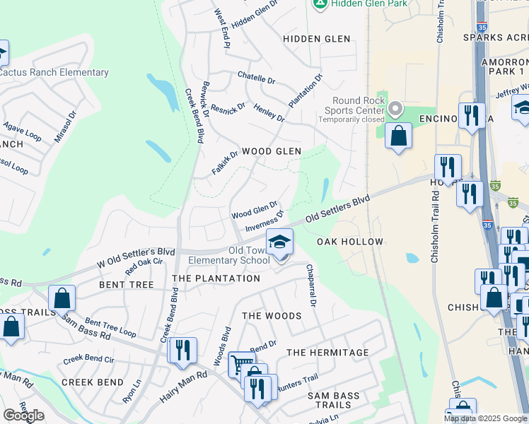 map of restaurants, bars, coffee shops, grocery stores, and more near 2017 Wood Glen Dr in Round Rock