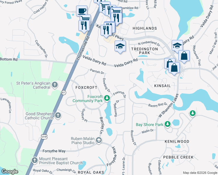 map of restaurants, bars, coffee shops, grocery stores, and more near 3129 Dowling Drive in Tallahassee