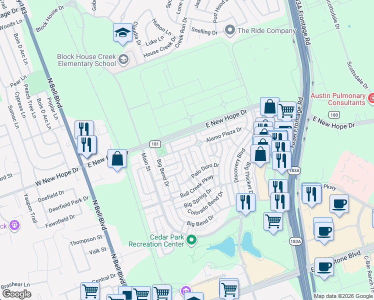 map of restaurants, bars, coffee shops, grocery stores, and more near 720 Alamo Plaza Drive in Cedar Park