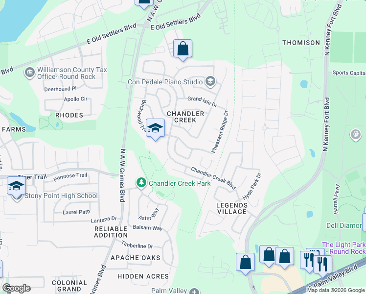 map of restaurants, bars, coffee shops, grocery stores, and more near 206 Pheasant Ridge Drive in Round Rock