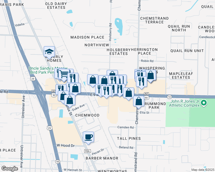 map of restaurants, bars, coffee shops, grocery stores, and more near 9400 Holsberry Road in Pensacola