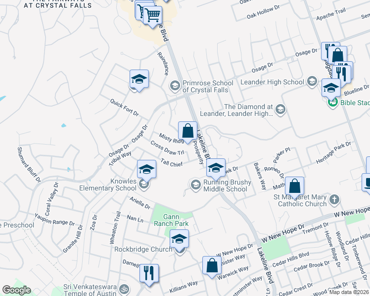 map of restaurants, bars, coffee shops, grocery stores, and more near 1801 Cross Draw Trail in Leander