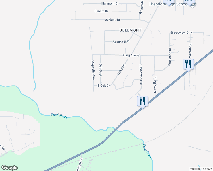 map of restaurants, bars, coffee shops, grocery stores, and more near 575 Oak Dr S in Theodore