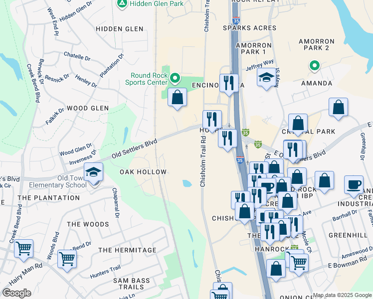 map of restaurants, bars, coffee shops, grocery stores, and more near 2200 Chisholm Trail Road in Round Rock
