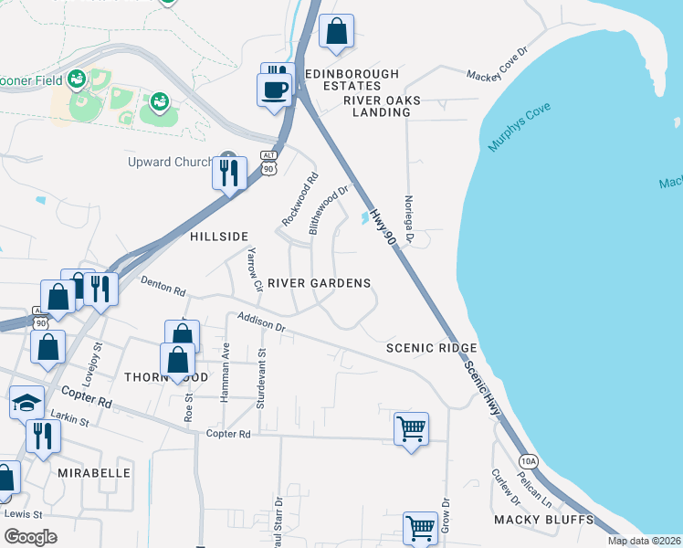 map of restaurants, bars, coffee shops, grocery stores, and more near 3489 River Gardens Circle in Pensacola
