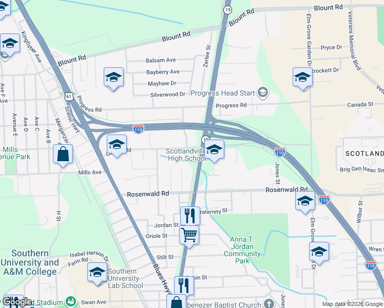 map of restaurants, bars, coffee shops, grocery stores, and more near in Baton Rouge