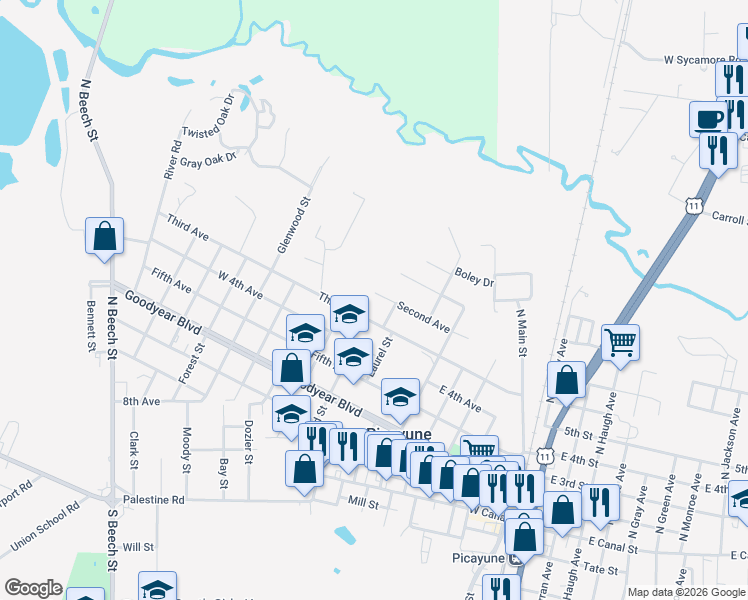 map of restaurants, bars, coffee shops, grocery stores, and more near 897 Second Avenue in Picayune