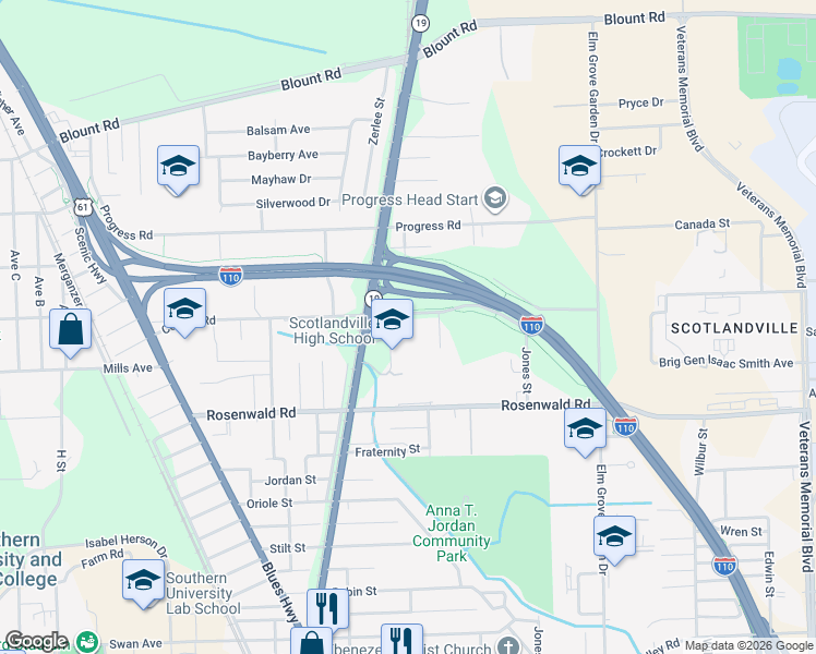 map of restaurants, bars, coffee shops, grocery stores, and more near 9870 Scotland Avenue in Baton Rouge