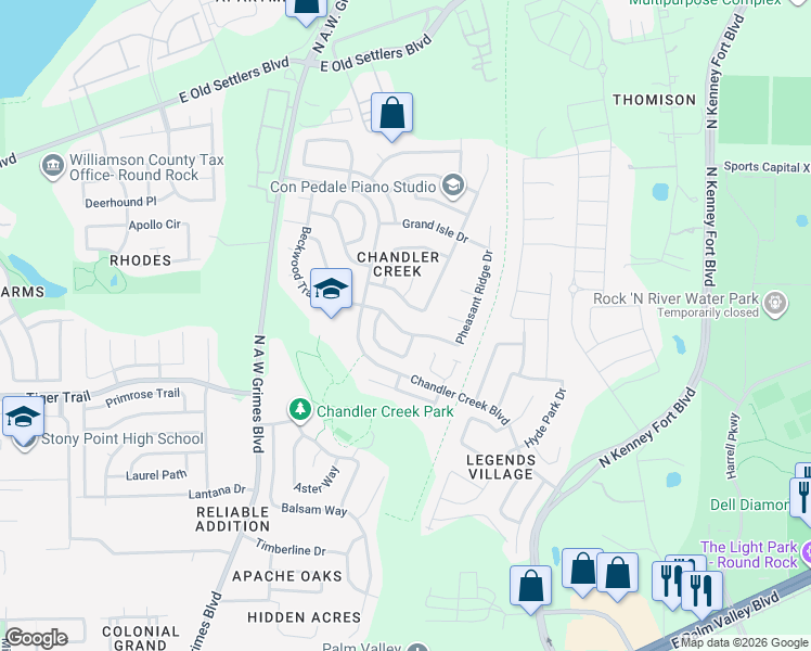 map of restaurants, bars, coffee shops, grocery stores, and more near 206 Pheasant Ridge Drive in Round Rock