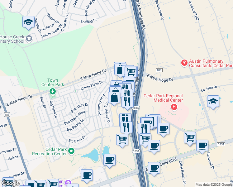 map of restaurants, bars, coffee shops, grocery stores, and more near 5001 183A in Cedar Park
