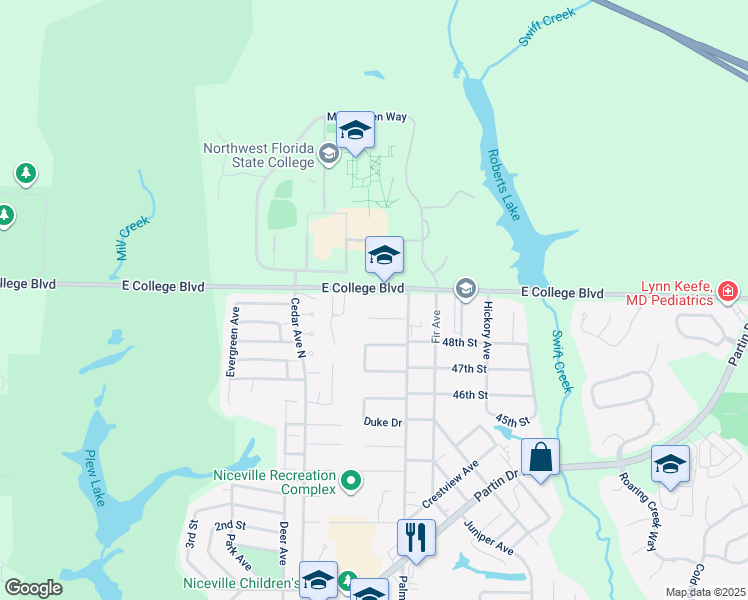 map of restaurants, bars, coffee shops, grocery stores, and more near 108 Bowdoin Court in Niceville