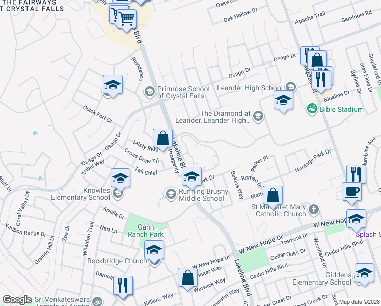 map of restaurants, bars, coffee shops, grocery stores, and more near 3000 Lakeline Boulevard in Leander