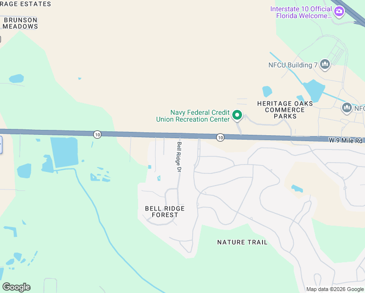 map of restaurants, bars, coffee shops, grocery stores, and more near 9345 Bell Ridge Drive in Pensacola