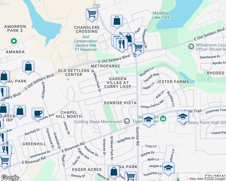 map of restaurants, bars, coffee shops, grocery stores, and more near 905 Country Aire Drive in Round Rock