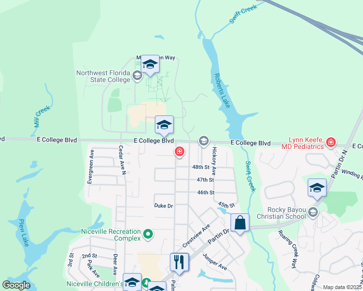 map of restaurants, bars, coffee shops, grocery stores, and more near 100 East College Boulevard in Niceville
