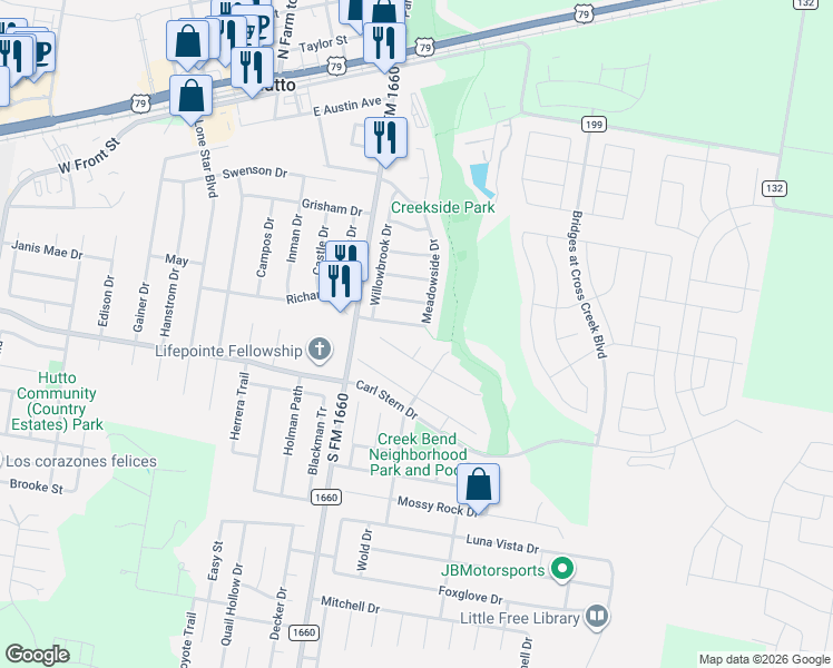 map of restaurants, bars, coffee shops, grocery stores, and more near 1307 Creekbend Cove in Hutto