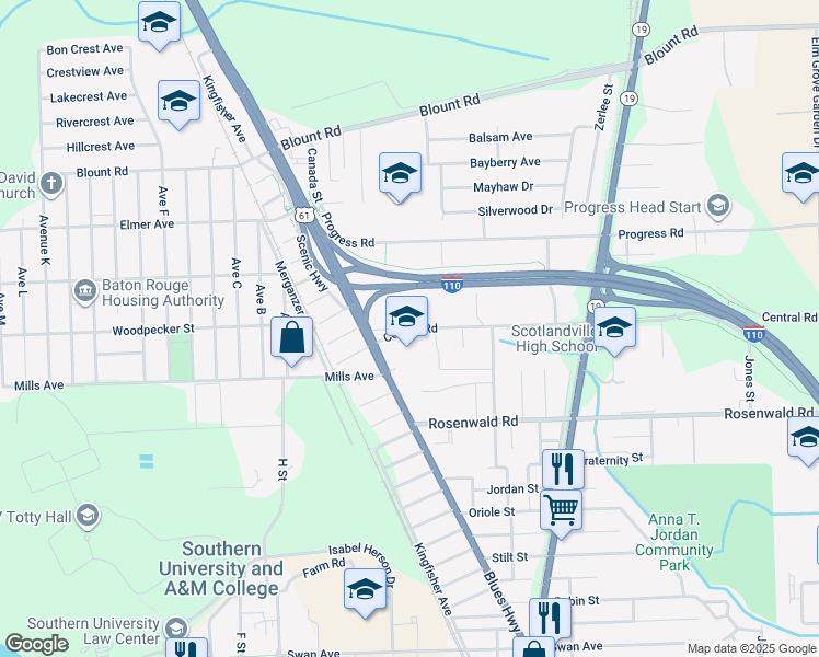 map of restaurants, bars, coffee shops, grocery stores, and more near 827 Central Road in Baton Rouge
