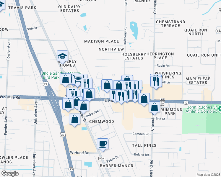 map of restaurants, bars, coffee shops, grocery stores, and more near 126 East 9 Mile Road in Pensacola