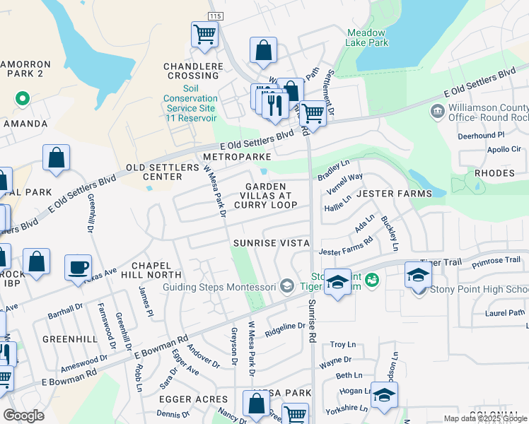 map of restaurants, bars, coffee shops, grocery stores, and more near 905 Country Aire Drive in Round Rock