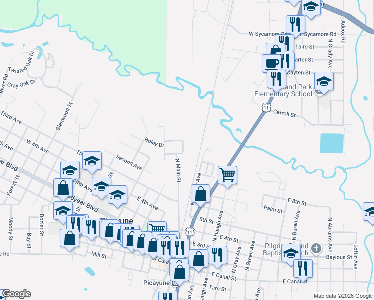 map of restaurants, bars, coffee shops, grocery stores, and more near 800 North Boley Drive in Picayune