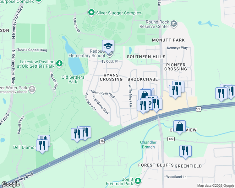 map of restaurants, bars, coffee shops, grocery stores, and more near 3407 Sandy Koufax Lane in Round Rock