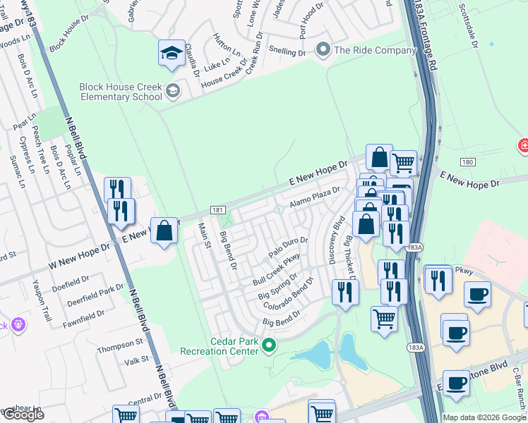 map of restaurants, bars, coffee shops, grocery stores, and more near 1822 Indian Lodge Drive in Cedar Park