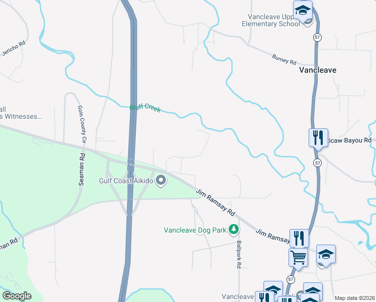 map of restaurants, bars, coffee shops, grocery stores, and more near 13104-13170 Fairley Road in Vancleave