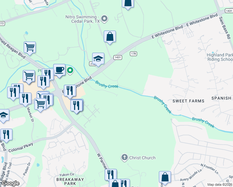 map of restaurants, bars, coffee shops, grocery stores, and more near 331-399 County Road 178 in Cedar Park
