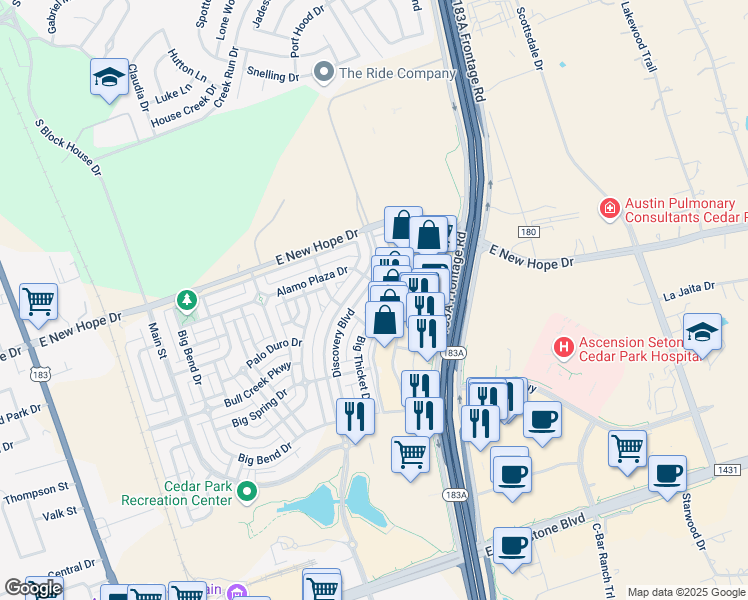 map of restaurants, bars, coffee shops, grocery stores, and more near 1800 Discovery Boulevard in Cedar Park