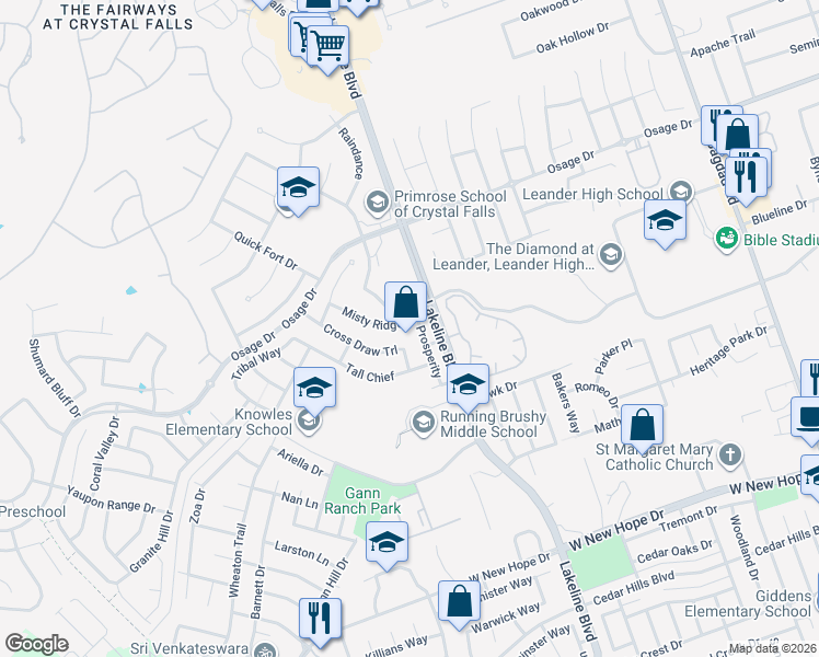 map of restaurants, bars, coffee shops, grocery stores, and more near 1709 Cross Draw in Leander