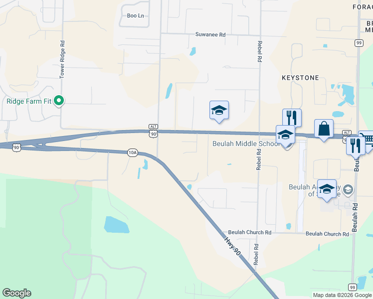 map of restaurants, bars, coffee shops, grocery stores, and more near 9454 Lutoo Lane in Pensacola