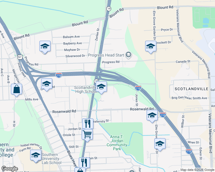 map of restaurants, bars, coffee shops, grocery stores, and more near 1837 Rosenwald Road in Baton Rouge