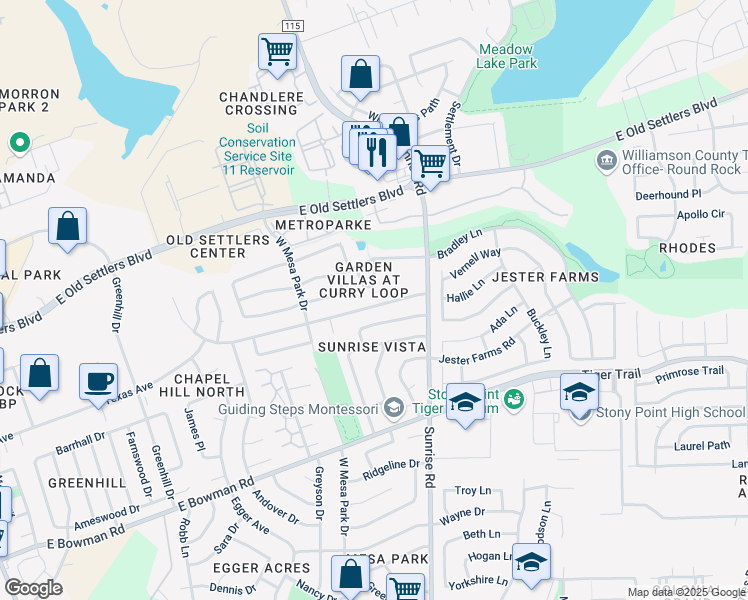 map of restaurants, bars, coffee shops, grocery stores, and more near 905 Country Aire Drive in Round Rock