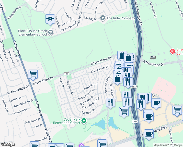 map of restaurants, bars, coffee shops, grocery stores, and more near 1803 Franklin Mountain Drive in Cedar Park