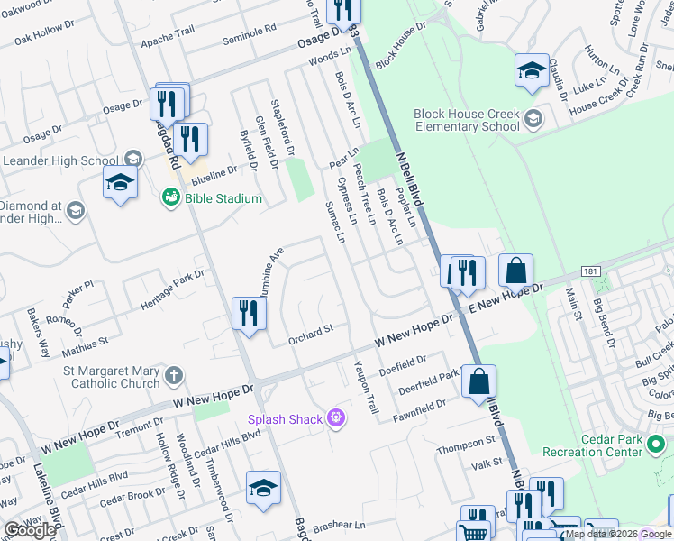 map of restaurants, bars, coffee shops, grocery stores, and more near 2200 Yaupon Trail in Cedar Park